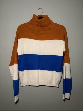 Polly & Esther Turtleneck Sweater Colorblock Striped Brown Blue Knit Pullover